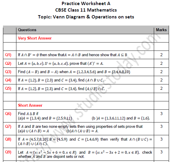 cbse-class-11-maths-venn-diagram-and-operations-on-sets-worksheet-set-a